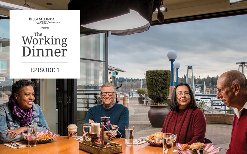 Bill Gates, Anita Zaidi, Keith Klugman, and Lynda Stuart meet around a table for a working dinner.